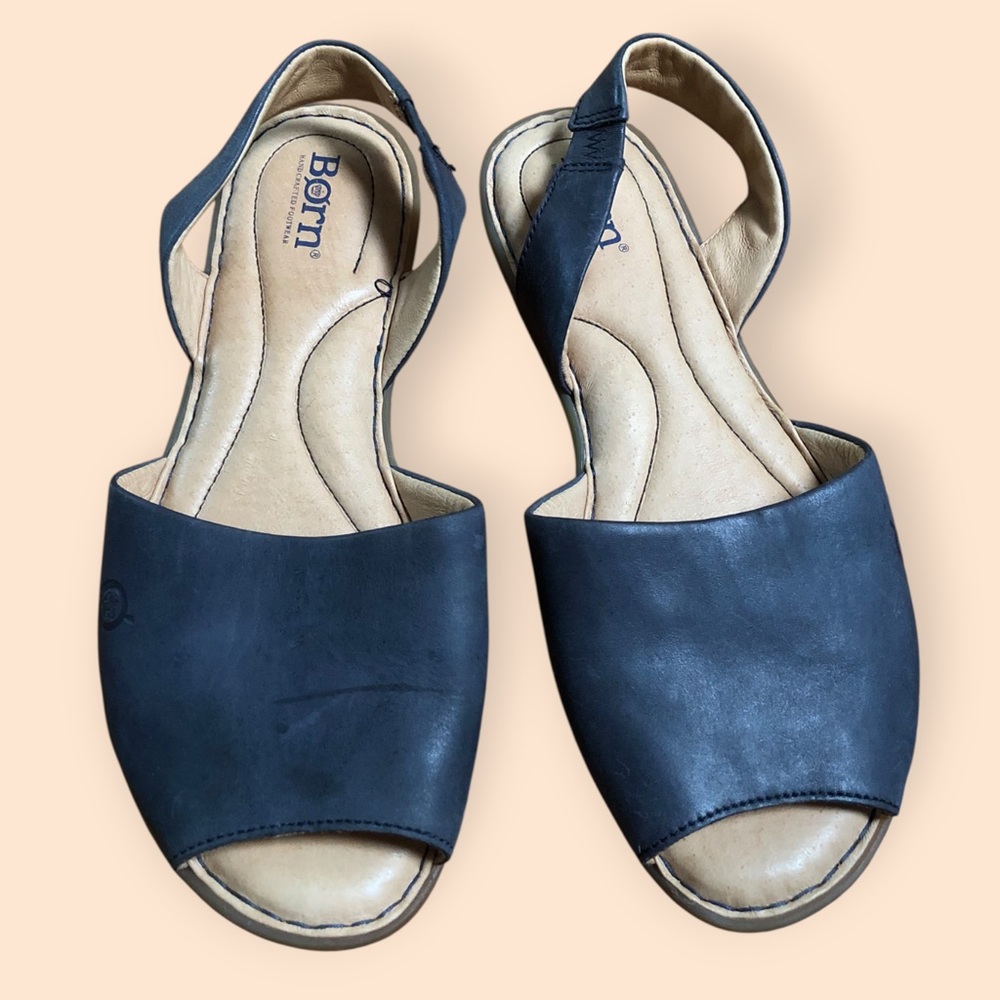 Born Trang Blue Leather Slingback Flat Sandals Peep-toe Cushioned Women’s 8M - Picture 2 of 14